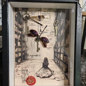 Framed Alice-Inspired Shadow Box with Dragonfly and Keys